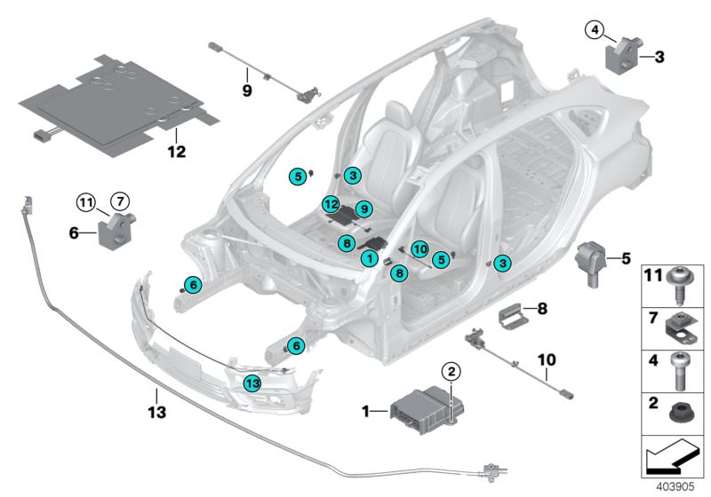 Bildtafel Elektrikteile Airbag für die BMW 2er Modelle  Original BMW Ersatzteile aus dem elektronischen Teilekatalog (ETK) für BMW Kraftfahrzeuge( Auto)    Beschleunigungssensor, Clip Blechmutter, Flachkopfschraube, Magnet Sitzposition, Sechskantmutter, S