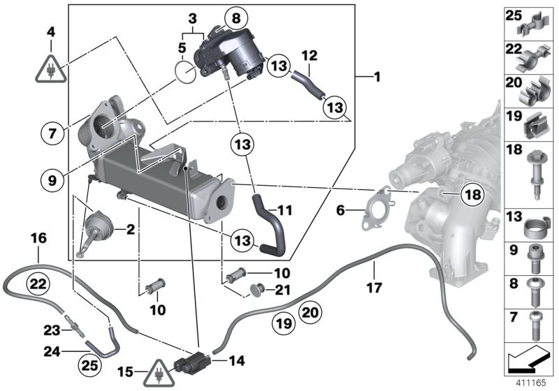 Picture board Emission reduction cooling for the BMW 5 Series models  Original BMW spare parts from the electronic parts catalog (ETK) for BMW motor vehicles (car)   Cap, Clip, Connection piece, EGR-VALVE, Electric valve, exhaust cooler, Fastening element