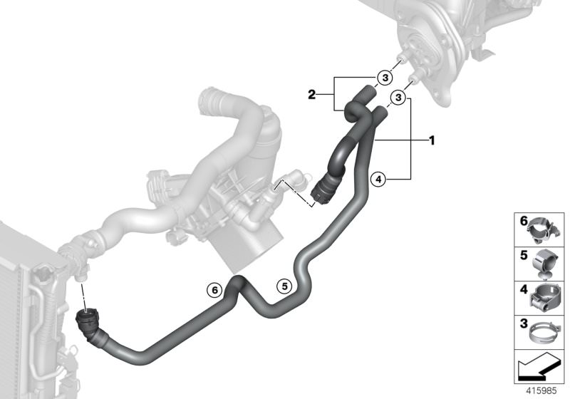 Picture board Water hoses for the BMW 2 Series models  Original BMW spare parts from the electronic parts catalog (ETK) for BMW motor vehicles (car)   Hose clamp, Hose for radiator and engine return, Hose, heater core-engine feed, Spring ring shell