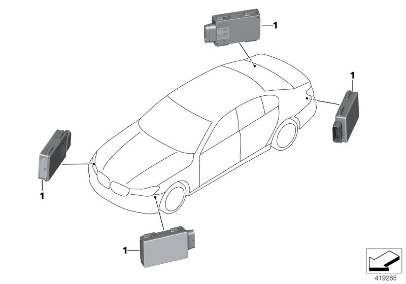 Picture board Sensor, lane change warning for the BMW 5 Series models  Original BMW spare parts from the electronic parts catalog (ETK) for BMW motor vehicles (car)   Radar sensor short range