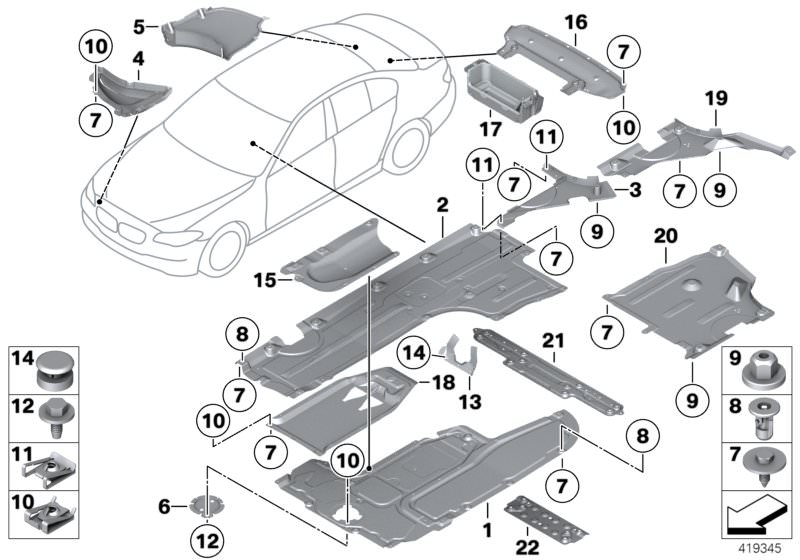 Picture board Underfloor coating for the BMW 5 Series models  Original BMW spare parts from the electronic parts catalog (ETK) for BMW motor vehicles (car)   Blind rivet, C-clip nut, C-clip nut, self-locking, Cooling-air duct, flexible disc, Cover, bottom