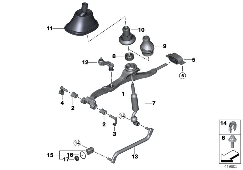 Picture board Gearshift, mechanical transmission for the BMW 1 Series models  Original BMW spare parts from the electronic parts catalog (ETK) for BMW motor vehicles (car)   Bearing bolt, Bearing, shift lever, Bearing, shifting arm, Bush bearing oval, Gea