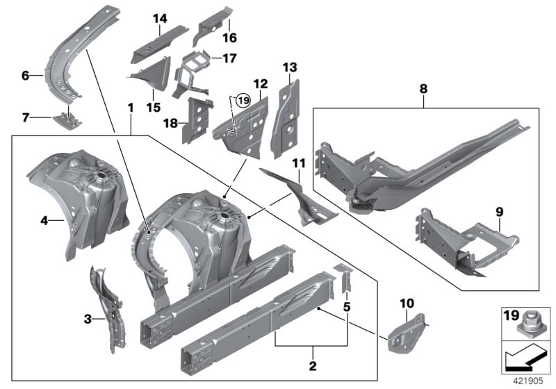 Picture board WHEELHOUSE/ENGINE SUPPORT for the BMW 7 Series models  Original BMW spare parts from the electronic parts catalog (ETK) for BMW motor vehicles (car)   A-column, inner front left, Bulkhead plate, A-pillar right, Carr.supp. w/o VIN, wheel arch
