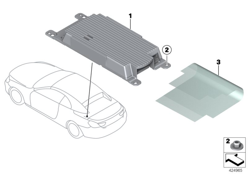 Illustration du Combox télématique GPS pour les BMW 6 Série Modèles  Pièces de rechange d'origine BMW du catalogue de pièces électroniques (ETK) pour véhicules automobiles BMW (voiture)   Combox telematics GPS, Hex nut
