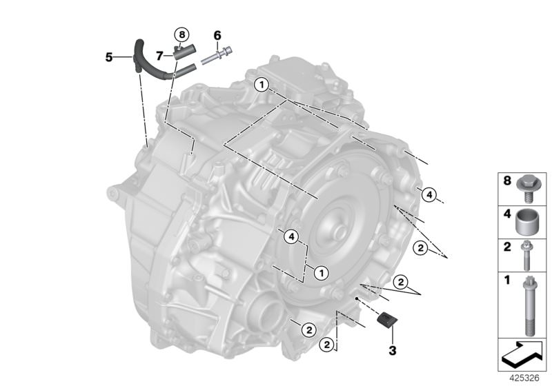 Bildtafel GA8F22AW Getriebe Befestigung/Anbauteile für die BMW X Modelle  Original BMW Ersatzteile aus dem elektronischen Teilekatalog (ETK) für BMW Kraftfahrzeuge( Auto)    Entlüfter, Entlüftungsleitung, Halter Entlüftungsleitung, Passhülse, Sechskantsch