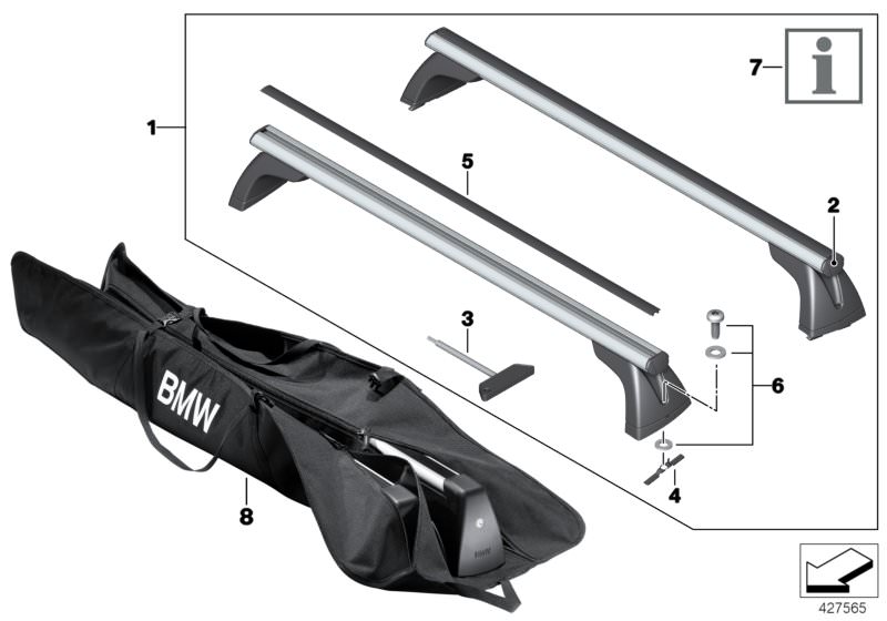 Picture board Roof rack for the BMW 1 Series models  Original BMW spare parts from the electronic parts catalog (ETK) for BMW motor vehicles (car) 