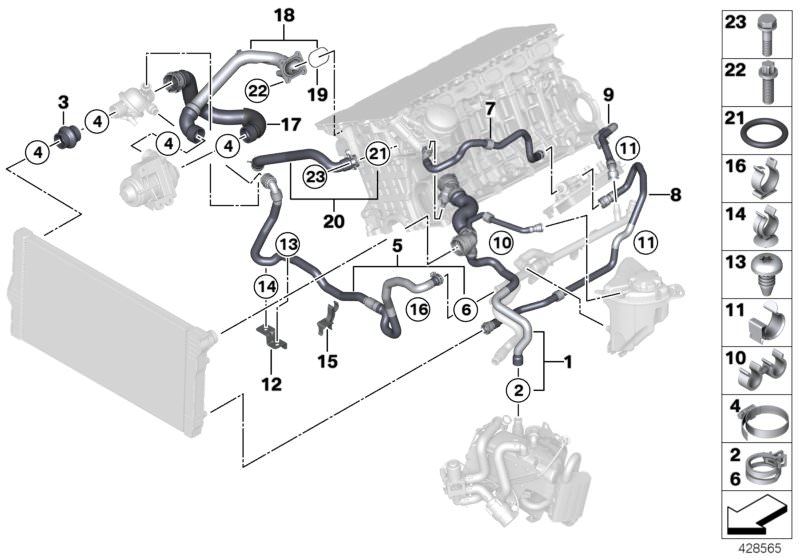 Illustration du Flexibles système de refroidissement pour les BMW 7 Série Modèles  Pièces de rechange d'origine BMW du catalogue de pièces électroniques (ETK) pour véhicules automobiles BMW (voiture)   Bracket, coolant hose, Cable clamp, Coolant hose, Coo