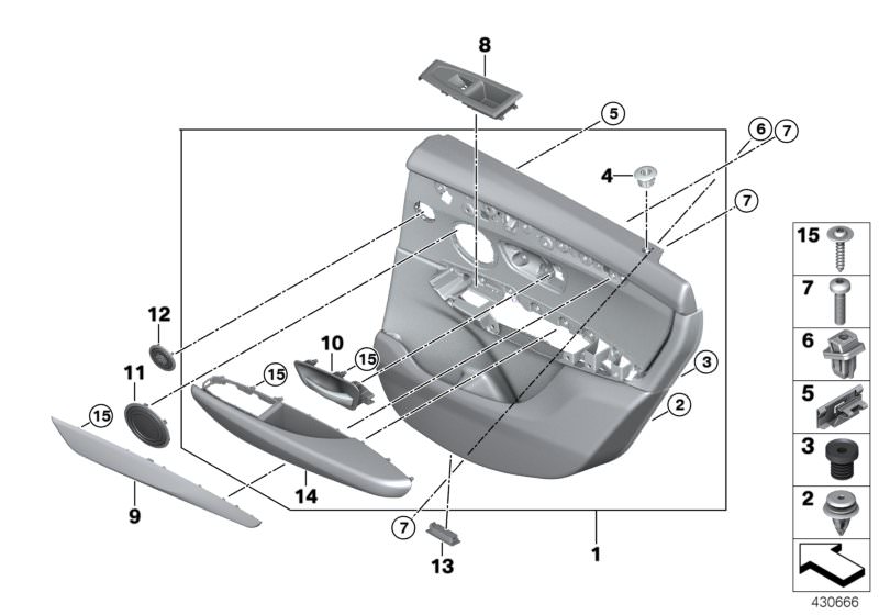 Picture board Door trim, rear for the BMW 2 Series models  Original BMW spare parts from the electronic parts catalog (ETK) for BMW motor vehicles (car)   Armrest, right, Clamp, Clip with sealing ring, Door handle, inside left, Door trim panel, rear, left