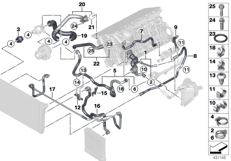 Illustration du Flexibles système de refroidissement pour les BMW 7 Série Modèles  Pièces de rechange d'origine BMW du catalogue de pièces électroniques (ETK) pour véhicules automobiles BMW (voiture)   Bracket, coolant hose, Cable clamp, Coolant hose, Coo