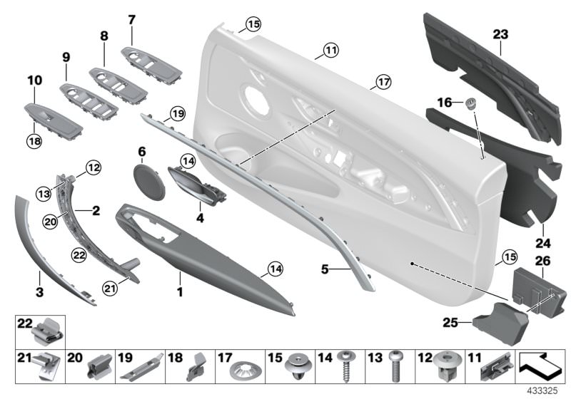 Picture board Mounting parts, door trim panel, front for the BMW 4 Series models  Original BMW spare parts from the electronic parts catalog (ETK) for BMW motor vehicles (car)   Accent strip, front right, Armrest, leather, front left, Carrier, door pull, 