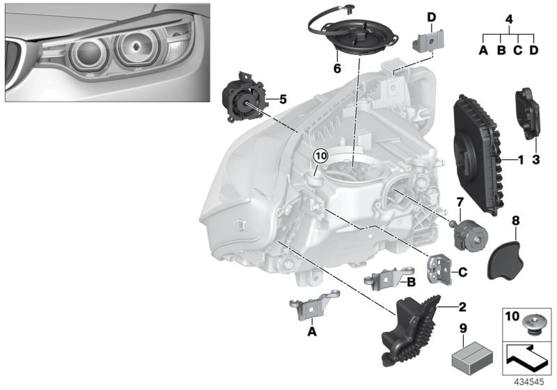 Picture board Single parts, headlight LED for the BMW 3 Series models  Original BMW spare parts from the electronic parts catalog (ETK) for BMW motor vehicles (car)   Control unit, front light electronics, Covering cap, Covering cap, headlamp levelling de