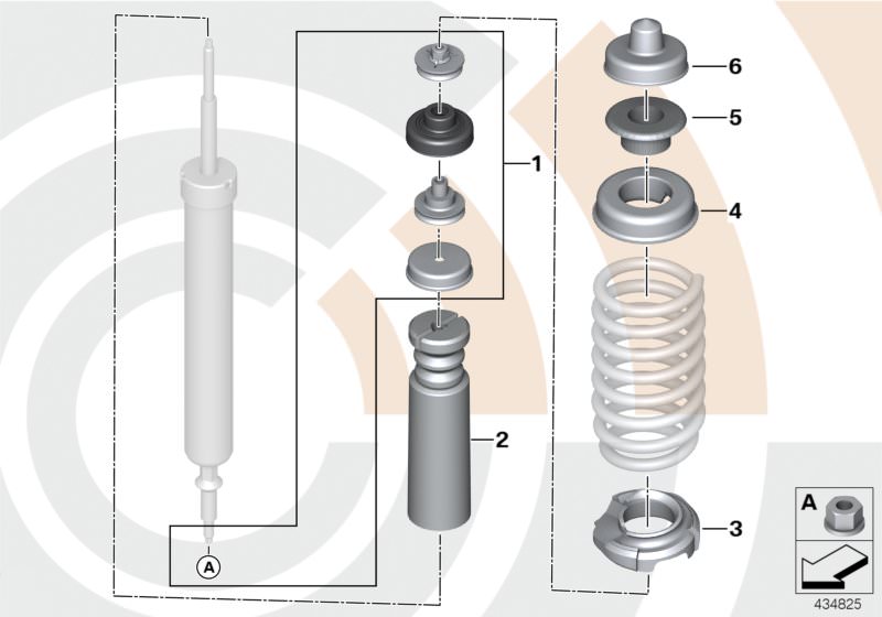 Bildtafel Reparatursätze Stossdämpfer hinten für die BMW 1er Modelle  Original BMW Ersatzteile aus dem elektronischen Teilekatalog (ETK) für BMW Kraftfahrzeuge( Auto)    Adapter, Federteller, Federunterlage oben, Federunterlage unten, Reparatursatz Stützl