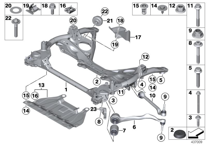 Picture board Frnt axle support,wishbone/tension strut for the BMW 2 Series models  Original BMW spare parts from the electronic parts catalog (ETK) for BMW motor vehicles (car)   Blind plug, C-clip nut, Combination nut, Expanding nut, Foam seal, Front ax