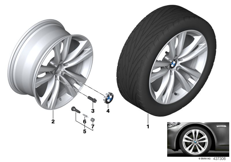 Picture board BMW LA wheel styling 610 - 19´´ for the BMW 5 Series models  Original BMW spare parts from the electronic parts catalog (ETK) for BMW motor vehicles (car)   Hub cap with chrome edge, Light alloy rim, Screw-in valve, RDC, Valve, Valve caps RD