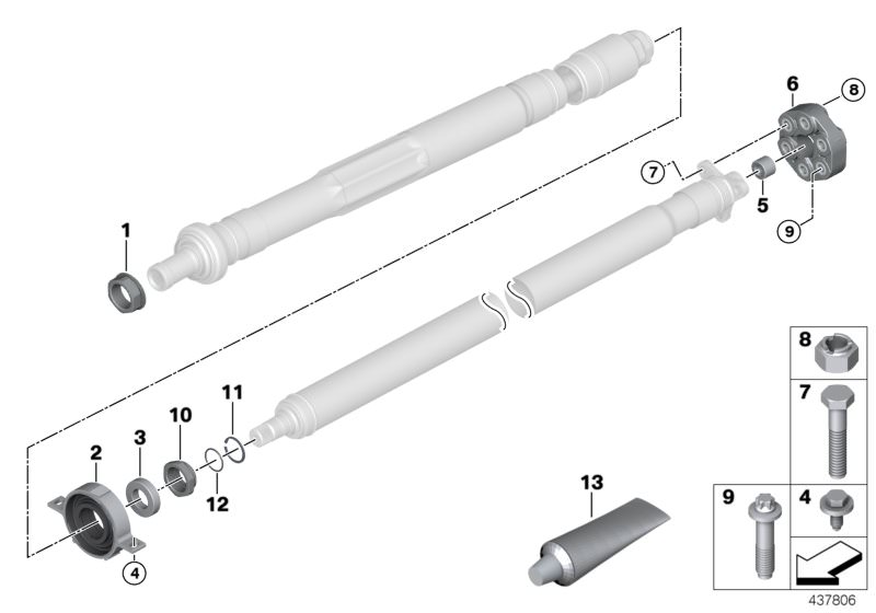 Picture board Drive shaft, single components for the BMW X Series models  Original BMW spare parts from the electronic parts catalog (ETK) for BMW motor vehicles (car)   ASA-Bolt, Centering sleeve hard, Centre Mount, aluminium, Collar nut, Gasket ring, Gr