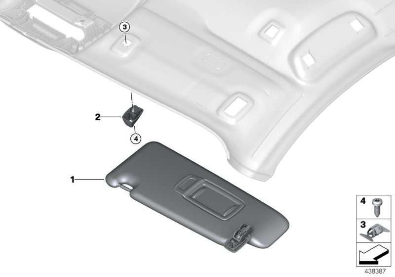 Picture board Sun visors for the BMW X Series models  Original BMW spare parts from the electronic parts catalog (ETK) for BMW motor vehicles (car)   Adhesive pad, Bowd.cable,outside door handle front, Bowden cable, door opener, front, C-clip nut, C-clip 