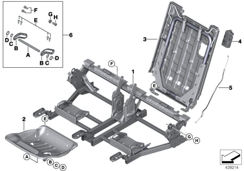 Picture board Seat, rear, seat frame, 3rd row for the BMW 2 Series models  Original BMW spare parts from the electronic parts catalog (ETK) for BMW motor vehicles (car)   Backrest frame, right, Bowden cable, Locking mechanism, Mounting frame, rear seat, S