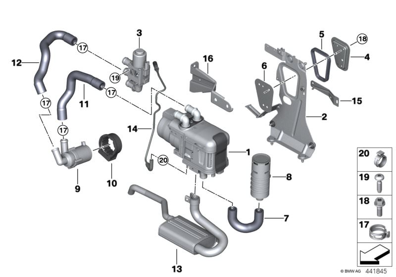 Picture board Auxiliary heating for the BMW 7 Series models  Original BMW spare parts from the electronic parts catalog (ETK) for BMW motor vehicles (car)   Additional bracket, Air intake hose, Bracket for Independent heater, Bracket, circulating pump, in