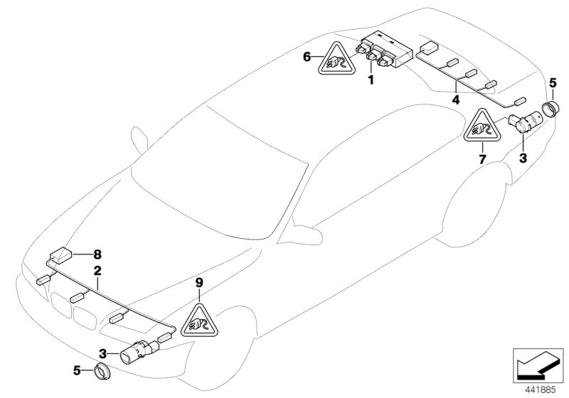Bildtafel Park Distance Control (PDC) für die BMW 5er Modelle  Original BMW Ersatzteile aus dem elektronischen Teilekatalog (ETK) für BMW Kraftfahrzeuge( Auto)    Buchsengehäuse, Buchsengehäuse uncodiert, Entkopplungsring PDC Wandler, Kabelsatz Stossfänge