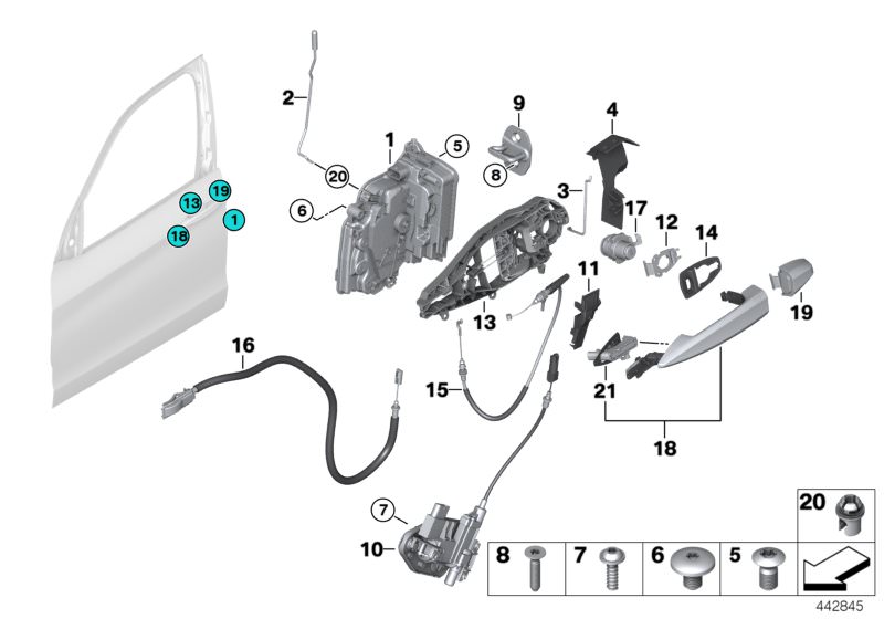 Picture board Locking system, door, front for the BMW X Series models  Original BMW spare parts from the electronic parts catalog (ETK) for BMW motor vehicles (car)   Adapter, support, front right, Bowd.cable,outside door handle front, Bowden cable, door 