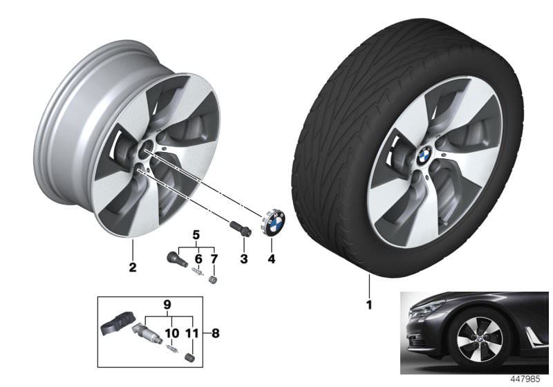 Picture board BMW LA wheel turbine styling 645 - 17´´ for the BMW 6 Series models  Original BMW spare parts from the electronic parts catalog (ETK) for BMW motor vehicles (car)   Disc wheel, light alloy, Orbitgrey, Hub cap with chrome edge, Repair kit, sc