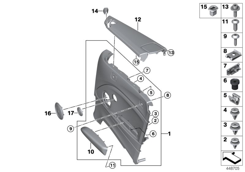 Picture board Lateral trim panel rear for the BMW 2 Series models  Original BMW spare parts from the electronic parts catalog (ETK) for BMW motor vehicles (car)   Armrest, rear right, Body nut, Capping, side trim panel, rear right, Clamp, Clip, Clip blue,