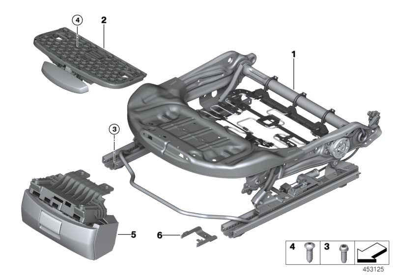 Picture board Seat, front, seat frame for the BMW 2 Series models  Original BMW spare parts from the electronic parts catalog (ETK) for BMW motor vehicles (car)   Carrier thigh support, Clamp, Fillister head screw, Screw, self tapping, Seat mechanism, bas