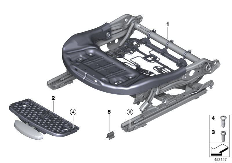 Picture board Seat, front, seat frame, electrical for the BMW X Series models  Original BMW spare parts from the electronic parts catalog (ETK) for BMW motor vehicles (car)   Carrier thigh support, Clamp, Electrical seat mechanism, right, Fillister head s