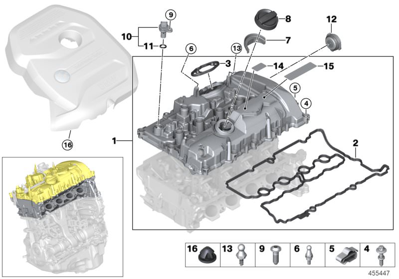 Picture board Cylinder head cover/Mounting parts for the BMW 3 Series models  Original BMW spare parts from the electronic parts catalog (ETK) for BMW motor vehicles (car)   Ball pin, Bump stop, Camshaft sensor, Collar screw, Cylinder head cover, Drip pro