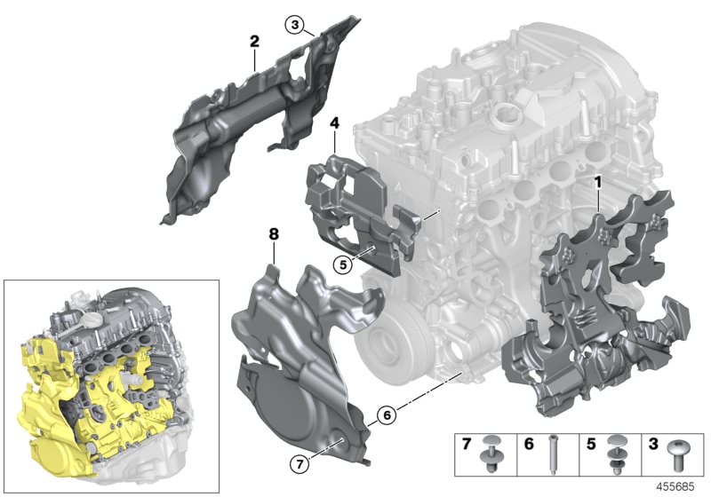 Picture board Engine acoustics for the BMW 3 Series models  Original BMW spare parts from the electronic parts catalog (ETK) for BMW motor vehicles (car)   Cover, front, Engine encapsulation, front top, Engine encapsulation, left, Engine encapsulation, ri