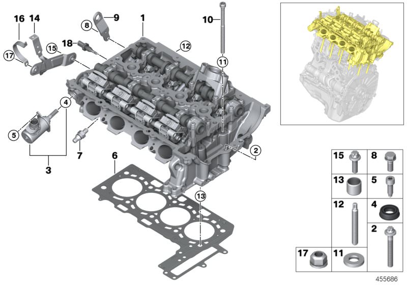 Picture board Cylinder head/Mounting parts for the BMW 3 Series models  Original BMW spare parts from the electronic parts catalog (ETK) for BMW motor vehicles (car)   Actuator, ASA-Bolt, ASA-stud bolt, Cylinder head bolt, Cylinder head gasket asbestos-fr