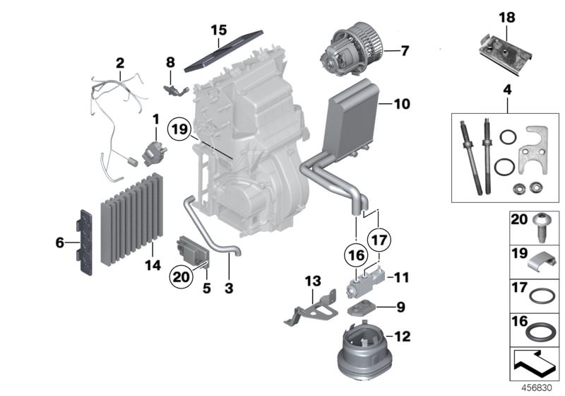 Picture board Rear-cabin air conditioner for the BMW 7 Series models  Original BMW spare parts from the electronic parts catalog (ETK) for BMW motor vehicles (car)   Actuator, Blower regulator, Blower unit, Clamp, Condensation water outlet hose, COVERING 