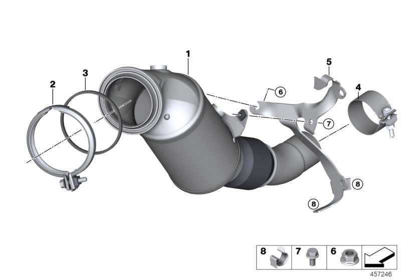 Picture board Engine-compartment catalytic converter for the BMW 1 Series models  Original BMW spare parts from the electronic parts catalog (ETK) for BMW motor vehicles (car)   Cable clamp, Exch catalytic converter close to engine, Gasket ring, Hex Bolt 