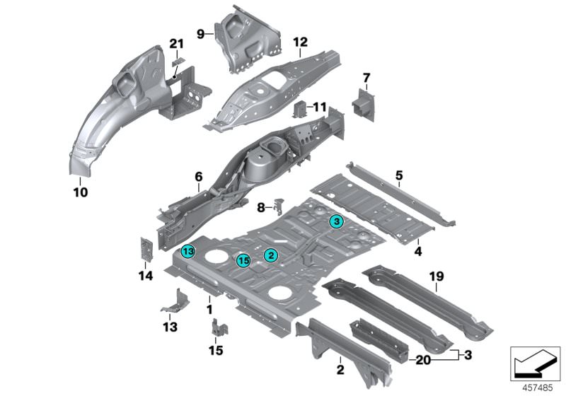 Picture board Rear end for the BMW X Series models  Original BMW spare parts from the electronic parts catalog (ETK) for BMW motor vehicles (car)   BOTTOM PART OF CONSOLE, C-pillar reinforcement, right, CROSS MEMBER REAR AXLE CARRIER, Cross member, trunk 