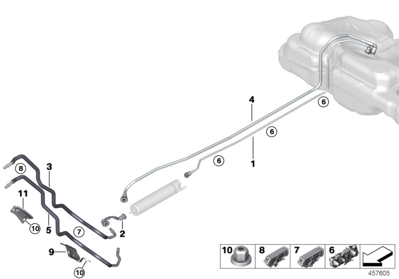 Picture board Fuel Pipe and Mounting Parts for the BMW X Series models  Original BMW spare parts from the electronic parts catalog (ETK) for BMW motor vehicles (car)   FRONT FUEL FEED LINE, FRONT FUEL RETURN LINE, Fuel feed line, Fuel feed line, filter, F