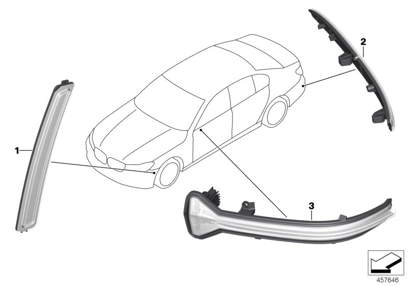 Illustration du Catadioptre/clignotant additionnel pour les BMW 7 Série Modèles  Pièces de rechange d'origine BMW du catalogue de pièces électroniques (ETK) pour véhicules automobiles BMW (voiture)   Rear reflector, rear right, Turn indicator exterior mir
