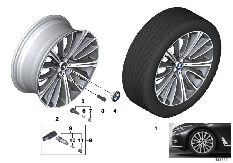 Picture board BMW LA wheel V-spoke 628 - 20´´ for the BMW 7 Series models  Original BMW spare parts from the electronic parts catalog (ETK) for BMW motor vehicles (car)   Hub cap with chrome edge, Light alloy rim Ferricgrey, Repair kit, screw-type valve R