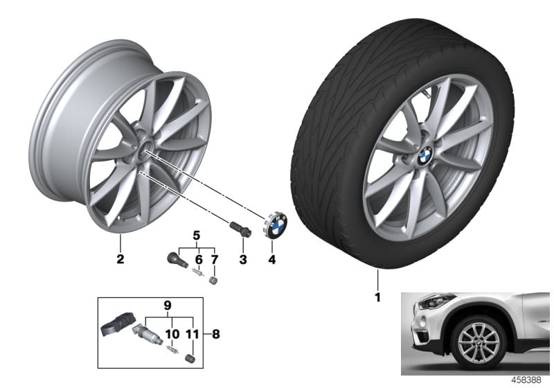 Picture board BMW LA wheel V-spoke 683 - 17´´ for the BMW X Series models  Original BMW spare parts from the electronic parts catalog (ETK) for BMW motor vehicles (car)   Disc wheel, light alloy, reflex-silber, Hub cap with chrome edge, Repair kit, screw-