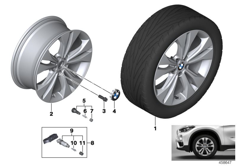 Picture board BMW LA wheel double spoke 567 - 18´´ for the BMW X Series models  Original BMW spare parts from the electronic parts catalog (ETK) for BMW motor vehicles (car)   Hub cap with chrome edge, Light alloy disc wheel Reflexsilber, Repair kit, scre