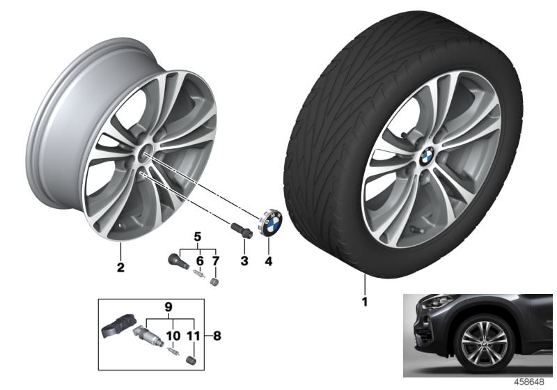 Picture board BMW LA wheel double spoke 568 - 18´´ for the BMW X Series models  Original BMW spare parts from the electronic parts catalog (ETK) for BMW motor vehicles (car)   Hub cap with chrome edge, Light alloy rim Ferricgrey, Repair kit, screw-type va