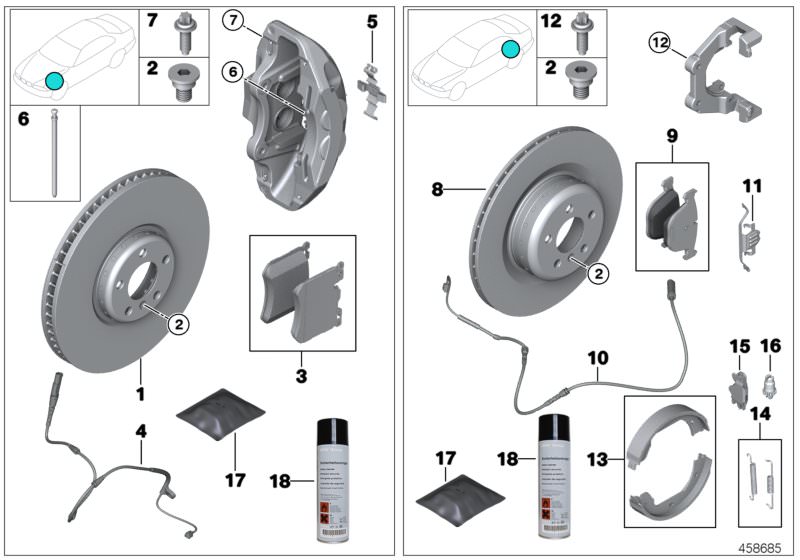 Picture board Service, brakes for the BMW 4 Series models  Original BMW spare parts from the electronic parts catalog (ETK) for BMW motor vehicles (car) 