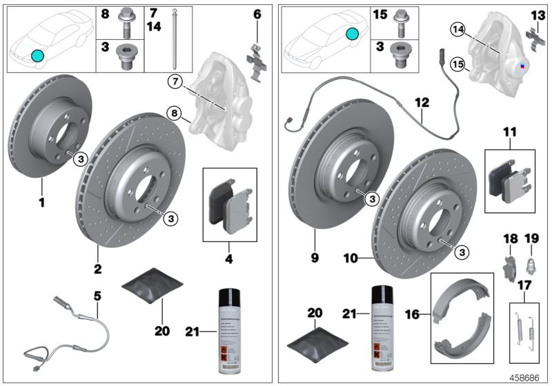 Picture board Service, brakes for the BMW 2 Series models  Original BMW spare parts from the electronic parts catalog (ETK) for BMW motor vehicles (car) 