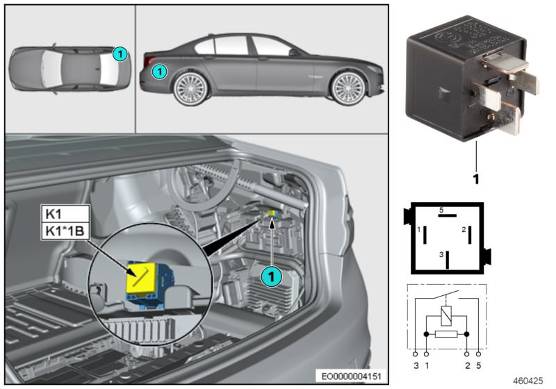 Illustration du Relais suspension pneum.essieu K1 pour les BMW 7 Série Modèles  Pièces de rechange d'origine BMW du catalogue de pièces électroniques (ETK) pour véhicules automobiles BMW (voiture)   Relay, make contact, black