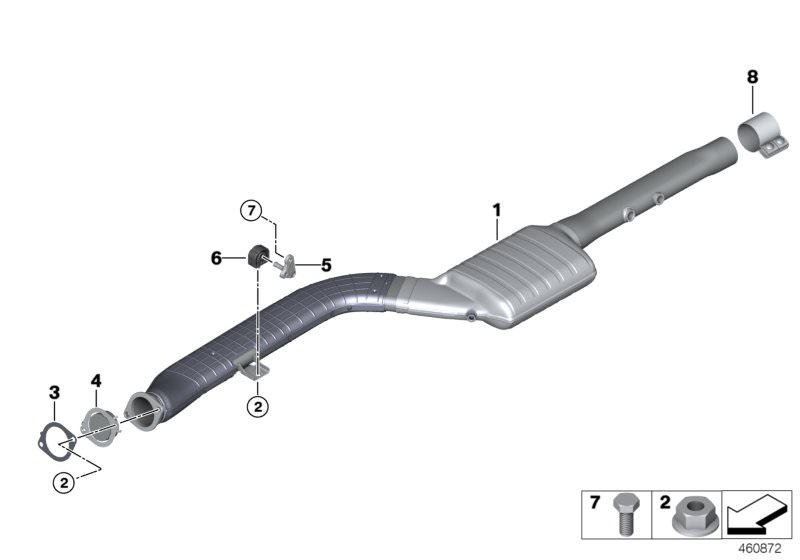 Picture board Catalytic converter/front silencer for the BMW 7 Series models  Original BMW spare parts from the electronic parts catalog (ETK) for BMW motor vehicles (car)   Clamping bush, Collar nut, Exchange SCR catalytic converter, Flat gasket, Hex Bol