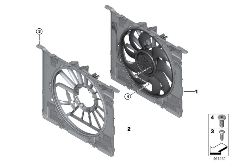 Picture board Fan housing, mounting parts for the BMW 5 Series models  Original BMW spare parts from the electronic parts catalog (ETK) for BMW motor vehicles (car)   Fan cowl with acoustic ring, Fan housing with fan, Fillister head screw, Screw