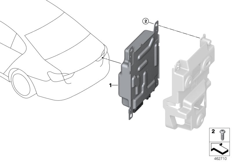 Picture board Battery charging module / BCU150 for the BMW 5 Series models  Original BMW spare parts from the electronic parts catalog (ETK) for BMW motor vehicles (car)   Battery charging module, Screw