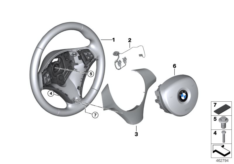 Picture board Airbag sports steering wheel for the BMW X Series models  Original BMW spare parts from the electronic parts catalog (ETK) for BMW motor vehicles (car)   Airbag module, driver´s side, Connecting line airbag / coil spring, Cover,steer.wheel b