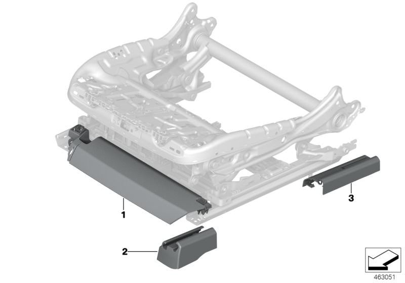 Picture board Indi.seat trims front ´´Captains Chair´´ for the BMW 7 Series models  Original BMW spare parts from the electronic parts catalog (ETK) for BMW motor vehicles (car)   Finisher, upper rail, front, left, Trim, seat rail, front left, Trim, seat 