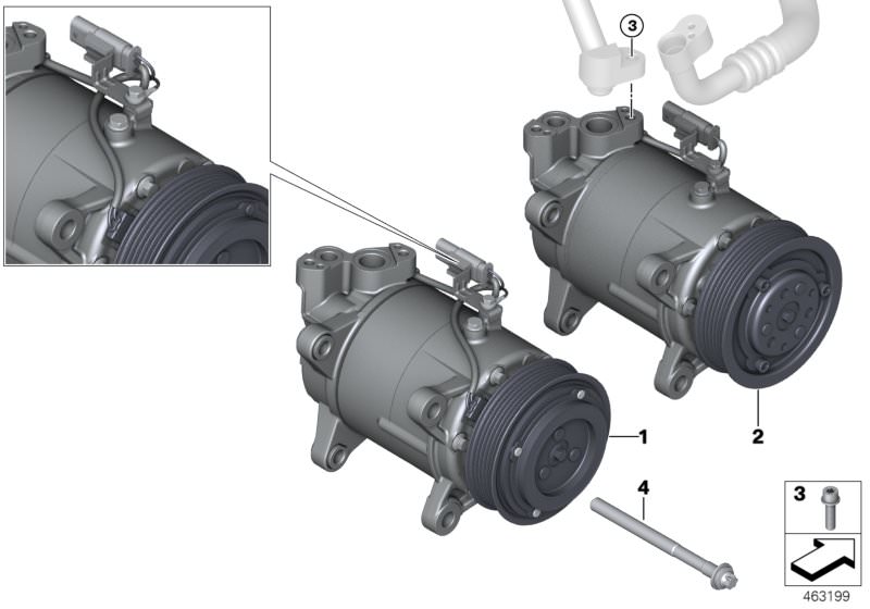 Picture board RP air conditioning compressor for the BMW 2 Series models  Original BMW spare parts from the electronic parts catalog (ETK) for BMW motor vehicles (car)   Hexalobular socket screw, ISA screw, RP AC compressor.w.magnetic coupling, RP air con