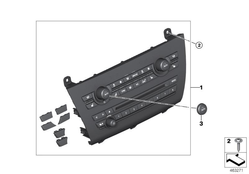 Picture board Radio and A/C control panel for the BMW X Series models  Original BMW spare parts from the electronic parts catalog (ETK) for BMW motor vehicles (car)   Oval-head screw with washer, Repair kit, radio and A/C control panel, Repair kit, rotary